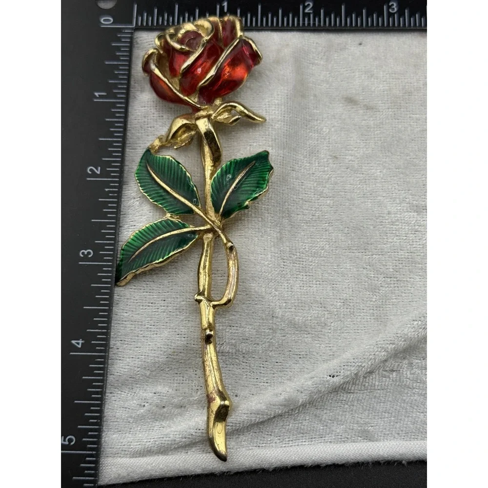 Vintage Rose Brooch Enamel Red Flower‎ Green Leaves Gold Tone Large
